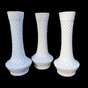 Vintage Milk Glass Diamond Quilt Shape Flower Vases Set 3
